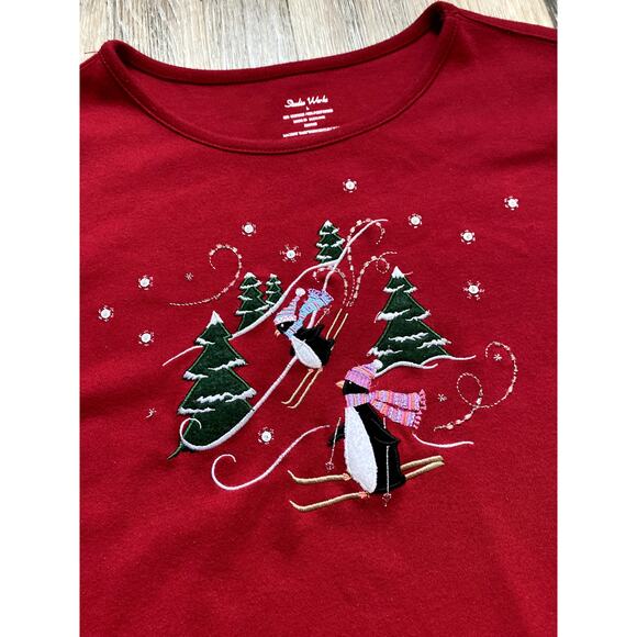 Studio Works Embroidered Beaded Red Cotton Penguin Holiday Top Large Winter Cozy - Picture 3 of 5